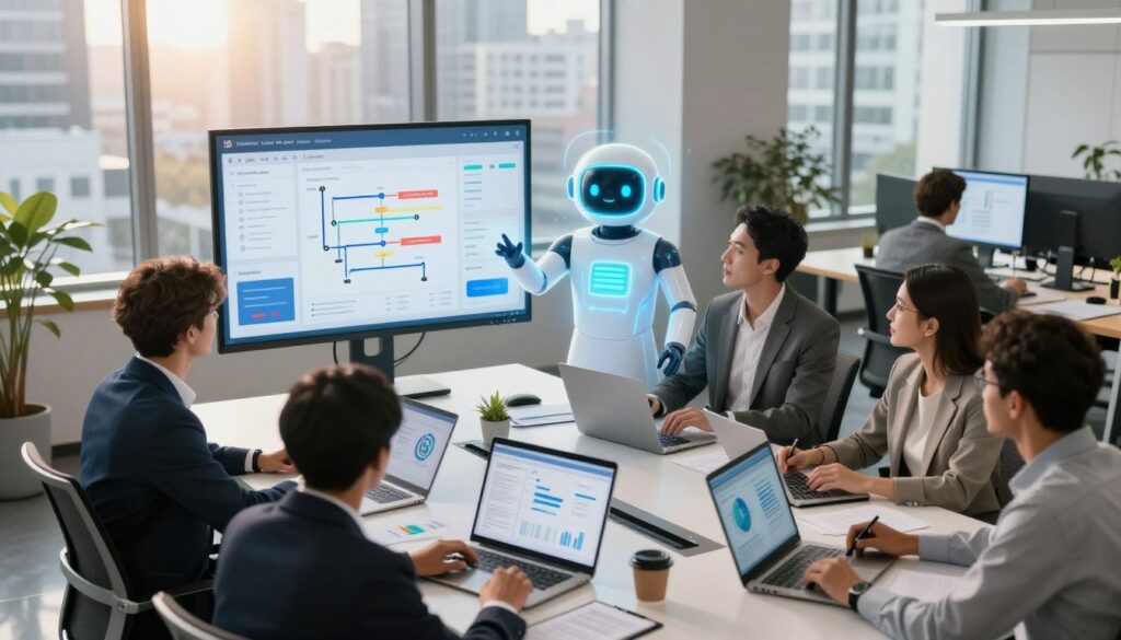 A modern office environment showcasing agent-assisted automation in action. In the foreground, a diverse team of professionals in business attire collaborates around a sleek conference table filled with digital devices and charts. The middle layer features a large screen displaying data analytics and visualizations of workflow efficiency, while a friendly AI assistant hologram interacts with the team. In the background, large windows reveal a bustling cityscape, with warm natural light flooding the room, creating a productive atmosphere. Capture the scene with a slight overhead angle to emphasize teamwork and engagement, using soft yet focused lighting to enhance the feeling of innovation and collaboration. The mood is upbeat and inspiring, reflecting the success stories in agent-assisted automation. A modern office environment showcasing agent-assisted automation in action. In the foreground, a diverse team of professionals in business attire collaborates around a sleek conference table filled with digital devices and charts. The middle layer features a large screen displaying data analytics and visualizations of workflow efficiency, while a friendly AI assistant hologram interacts with the team. In the background, large windows reveal a bustling cityscape, with warm natural light flooding the room, creating a productive atmosphere. Capture the scene with a slight overhead angle to emphasize teamwork and engagement, using soft yet focused lighting to enhance the feeling of innovation and collaboration. The mood is upbeat and inspiring, reflecting the success stories in agent-assisted automation.
