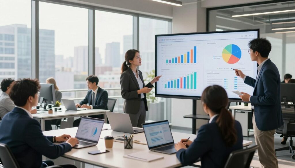 A modern office environment showcasing analytics ROI. In the foreground, a diverse group of professionals dressed in smart business attire is engaged in a discussion over a large digital screen displaying colorful graphs and charts related to call center performance metrics. In the middle ground, sleek desks with laptops and analytical tools create a sense of a bustling workspace. The background features floor-to-ceiling windows revealing a cityscape, bathed in soft sunlight that infuses the scene with a dynamic yet professional atmosphere. The composition captures both the seriousness and potential of analytics in improving business outcomes, with an emphasis on collaboration and innovation. The image should have clear, focused lighting highlighting the individuals and the digital data, creating a motivational and inspiring mood.