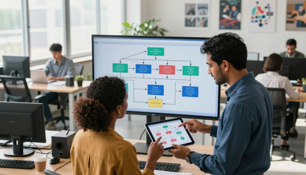 A modern office environment showcasing call flow agents engaged in a collaborative workspace. In the foreground, two diverse professionals, a Black woman and a South Asian man, are analyzing a flowchart on a digital tablet, dressed in smart casual attire. The middle layer features a large, transparent screen displaying a call flow diagram, illustrating various steps and decision points. The background includes a stylish workspace with desks, telecommunication devices, and inspirational posters. Bright, natural lighting streams from large windows, creating an open and inviting atmosphere. Capture the moment from a slightly elevated angle to convey teamwork and focus, emphasizing an atmosphere of productivity and professionalism.