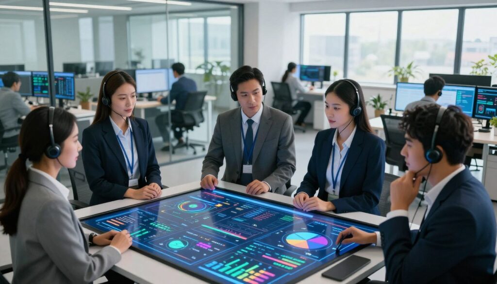 A modern office environment showcasing data analytics for call centers. In the foreground, a diverse team of professionals in smart business attire gathers around a sleek, futuristic touchscreen display. The display visualizes colorful, dynamic graphs, charts, and metrics related to call center performance. In the middle ground, a glass wall reveals a high-tech workspace filled with computers and additional screens displaying real-time analytics. The background features bright, natural light streaming through large windows, creating an open, inviting atmosphere. The overall mood conveys innovation and collaboration, emphasizing the importance of data-driven decision-making in enhancing customer satisfaction. Use soft, diffused lighting to highlight the faces of the professionals, focusing on expressions of concentration and engagement, captured from a slightly elevated angle. A modern office environment showcasing data analytics for call centers. In the foreground, a diverse team of professionals in smart business attire gathers around a sleek, futuristic touchscreen display. The display visualizes colorful, dynamic graphs, charts, and metrics related to call center performance. In the middle ground, a glass wall reveals a high-tech workspace filled with computers and additional screens displaying real-time analytics. The background features bright, natural light streaming through large windows, creating an open, inviting atmosphere. The overall mood conveys innovation and collaboration, emphasizing the importance of data-driven decision-making in enhancing customer satisfaction. Use soft, diffused lighting to highlight the faces of the professionals, focusing on expressions of concentration and engagement, captured from a slightly elevated angle.