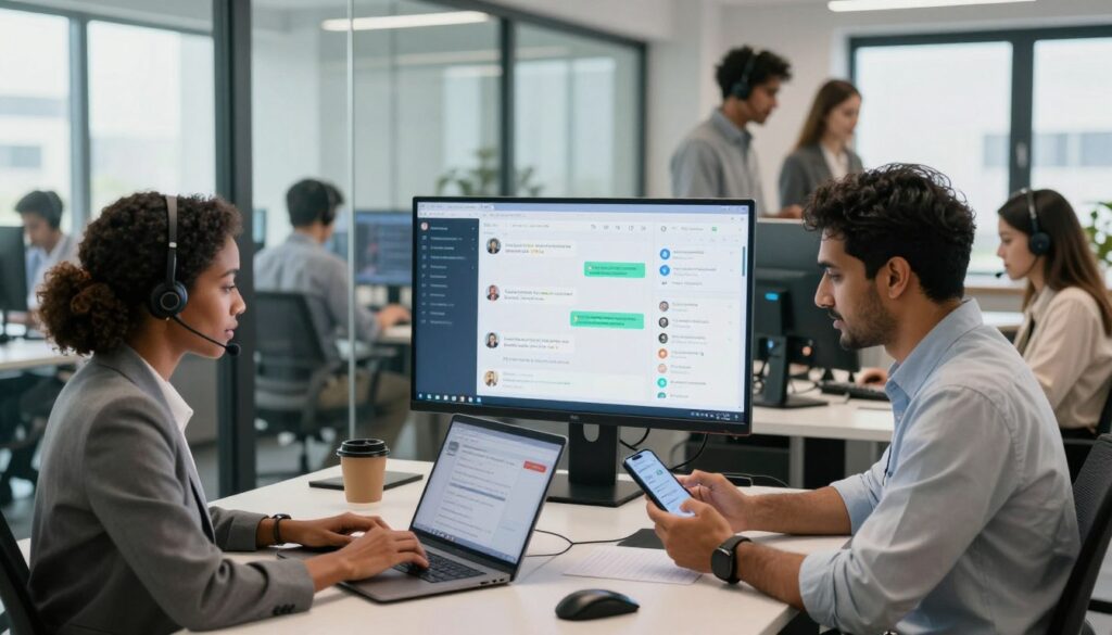 A modern office environment with a diverse team of professionals engaged in dynamic conversations over multiple channels; in the foreground, a Black woman in business attire is typing on a laptop, while a South Asian man reviews messages on a smartphone. In the middle, a large digital screen displays social messaging applications and data analytics, symbolizing the omnichannel experience. In the background, glass walls reflect people collaborating and using headsets, showcasing a bustling call center atmosphere. Bright, natural lighting pours in through large windows, creating a vibrant and energetic atmosphere. The composition captures the interconnectedness of technology and human interaction, illustrating the importance of omnichannel communication in 2026. A modern office environment with a diverse team of professionals engaged in dynamic conversations over multiple channels; in the foreground, a Black woman in business attire is typing on a laptop, while a South Asian man reviews messages on a smartphone. In the middle, a large digital screen displays social messaging applications and data analytics, symbolizing the omnichannel experience. In the background, glass walls reflect people collaborating and using headsets, showcasing a bustling call center atmosphere. Bright, natural lighting pours in through large windows, creating a vibrant and energetic atmosphere. The composition captures the interconnectedness of technology and human interaction, illustrating the importance of omnichannel communication in 2026.