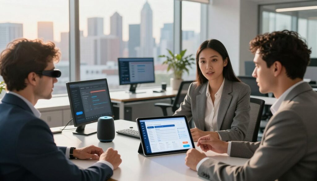 A modern office scene showcasing key use cases for voice AI in marketing campaigns. In the foreground, a diverse group of three professionals, two men and one woman, dressed in business attire, are engaged in a discussion over a digital tablet displaying voice AI analytics. The middle layer features a sleek desk with a smart speaker and various digital devices. In the background, a large window offers a view of a city skyline, bathed in warm afternoon sunlight. The atmosphere conveys innovation and collaboration, emphasizing how voice technology facilitates customer engagement. Use a wide-angle lens to capture a dynamic yet organized workspace, highlighting the synergy between human interaction and technology. Ensure lighting is bright and inviting, promoting a sense of forward-thinking productivity. A modern office scene showcasing key use cases for voice AI in marketing campaigns. In the foreground, a diverse group of three professionals, two men and one woman, dressed in business attire, are engaged in a discussion over a digital tablet displaying voice AI analytics. The middle layer features a sleek desk with a smart speaker and various digital devices. In the background, a large window offers a view of a city skyline, bathed in warm afternoon sunlight. The atmosphere conveys innovation and collaboration, emphasizing how voice technology facilitates customer engagement. Use a wide-angle lens to capture a dynamic yet organized workspace, highlighting the synergy between human interaction and technology. Ensure lighting is bright and inviting, promoting a sense of forward-thinking productivity.