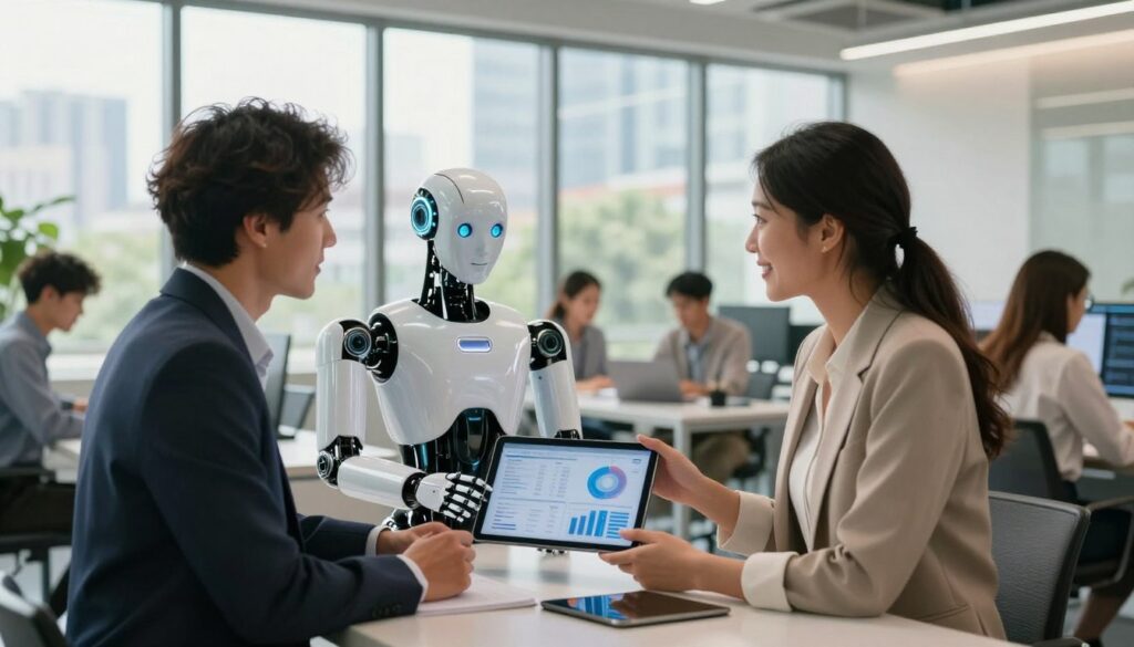 A modern office setting emphasizing collaboration, depicting a human and an AI partner in a synergistic workspace. In the foreground, a diverse professional woman in business attire interacts with a sleek, humanoid robot, both engaged in a discussion over a digital tablet displaying data analytics. The middle layer features a bright conference room with large windows showing cityscape views and greenery, creating an inviting atmosphere. Soft, natural lighting filters through the glass, enhancing the warmth of the scene. In the background, several coworkers work together in teamwork, symbolizing a unified approach to productivity. The mood is one of optimism and innovation, showcasing a positive, harmonious human-AI partnership that underscores boosted productivity while maintaining a personal touch. A modern office setting emphasizing collaboration, depicting a human and an AI partner in a synergistic workspace. In the foreground, a diverse professional woman in business attire interacts with a sleek, humanoid robot, both engaged in a discussion over a digital tablet displaying data analytics. The middle layer features a bright conference room with large windows showing cityscape views and greenery, creating an inviting atmosphere. Soft, natural lighting filters through the glass, enhancing the warmth of the scene. In the background, several coworkers work together in teamwork, symbolizing a unified approach to productivity. The mood is one of optimism and innovation, showcasing a positive, harmonious human-AI partnership that underscores boosted productivity while maintaining a personal touch.