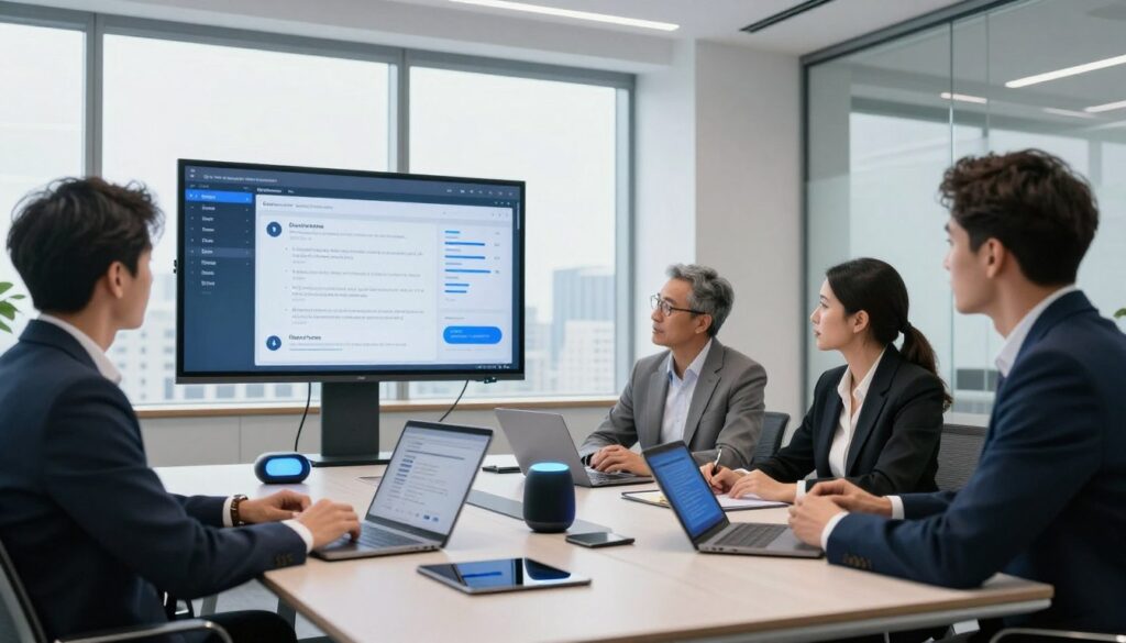 A modern office setting representing technology in sales, showcasing a sleek, high-tech conference room. In the foreground, a diverse group of three professionals in business attire—two men and one woman—are engaged in a strategy discussion around a large digital display showing sales call analytics and call script templates. In the middle, a stylish table filled with laptops, tablets, and futuristic gadgets like smart speakers and digital assistants. The background features large windows with a cityscape view, allowing natural light to flood the space. The atmosphere is dynamic and focused, emphasizing collaboration and innovation in sales strategy. Capture the scene with a slightly low angle to highlight the tech elements, using bright, neutral lighting to convey a professional mood. A modern office setting representing technology in sales, showcasing a sleek, high-tech conference room. In the foreground, a diverse group of three professionals in business attire—two men and one woman—are engaged in a strategy discussion around a large digital display showing sales call analytics and call script templates. In the middle, a stylish table filled with laptops, tablets, and futuristic gadgets like smart speakers and digital assistants. The background features large windows with a cityscape view, allowing natural light to flood the space. The atmosphere is dynamic and focused, emphasizing collaboration and innovation in sales strategy. Capture the scene with a slightly low angle to highlight the tech elements, using bright, neutral lighting to convey a professional mood.