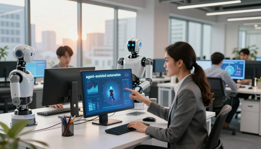 A modern office setting showcasing "agent-assisted automation" in action. In the foreground, a professional businesswoman in smart attire collaborates with an AI assistant displayed on a sleek touchscreen interface, illustrating smooth interaction and productivity. The middle ground features a well-organized workspace filled with advanced technology like computers, robots performing repetitive tasks, and animated graphs on screens showing productivity metrics. In the background, large windows reveal a bustling cityscape bathed in warm, natural light, enhancing the atmosphere of innovation. The scene should be dynamic and uplifting, symbolizing a harmonious blend of human creativity and automated efficiency, captured with a wide-angle lens to emphasize spatial depth and engagement. A modern office setting showcasing "agent-assisted automation" in action. In the foreground, a professional businesswoman in smart attire collaborates with an AI assistant displayed on a sleek touchscreen interface, illustrating smooth interaction and productivity. The middle ground features a well-organized workspace filled with advanced technology like computers, robots performing repetitive tasks, and animated graphs on screens showing productivity metrics. In the background, large windows reveal a bustling cityscape bathed in warm, natural light, enhancing the atmosphere of innovation. The scene should be dynamic and uplifting, symbolizing a harmonious blend of human creativity and automated efficiency, captured with a wide-angle lens to emphasize spatial depth and engagement.