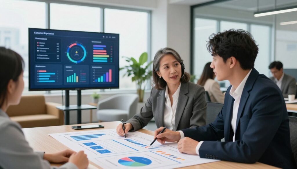 A modern office setting with a diverse group of professionals engaged in a collaborative discussion. In the foreground, a middle-aged woman and a young man, both in business attire, are actively analyzing a large chart on the table that visually represents various call center software features. The middle ground features a large digital screen displaying colorful infographics and metrics about customer experience and business needs. In the background, bright natural light streams through large windows, illuminating a sleek, contemporary workspace with plants and comfortable seating. The atmosphere is focused and energetic, conveying a sense of teamwork and innovation in the evolving field of call center technology. Use soft, diffuse lighting to enhance the professional yet inviting mood. A modern office setting with a diverse group of professionals engaged in a collaborative discussion. In the foreground, a middle-aged woman and a young man, both in business attire, are actively analyzing a large chart on the table that visually represents various call center software features. The middle ground features a large digital screen displaying colorful infographics and metrics about customer experience and business needs. In the background, bright natural light streams through large windows, illuminating a sleek, contemporary workspace with plants and comfortable seating. The atmosphere is focused and energetic, conveying a sense of teamwork and innovation in the evolving field of call center technology. Use soft, diffuse lighting to enhance the professional yet inviting mood.