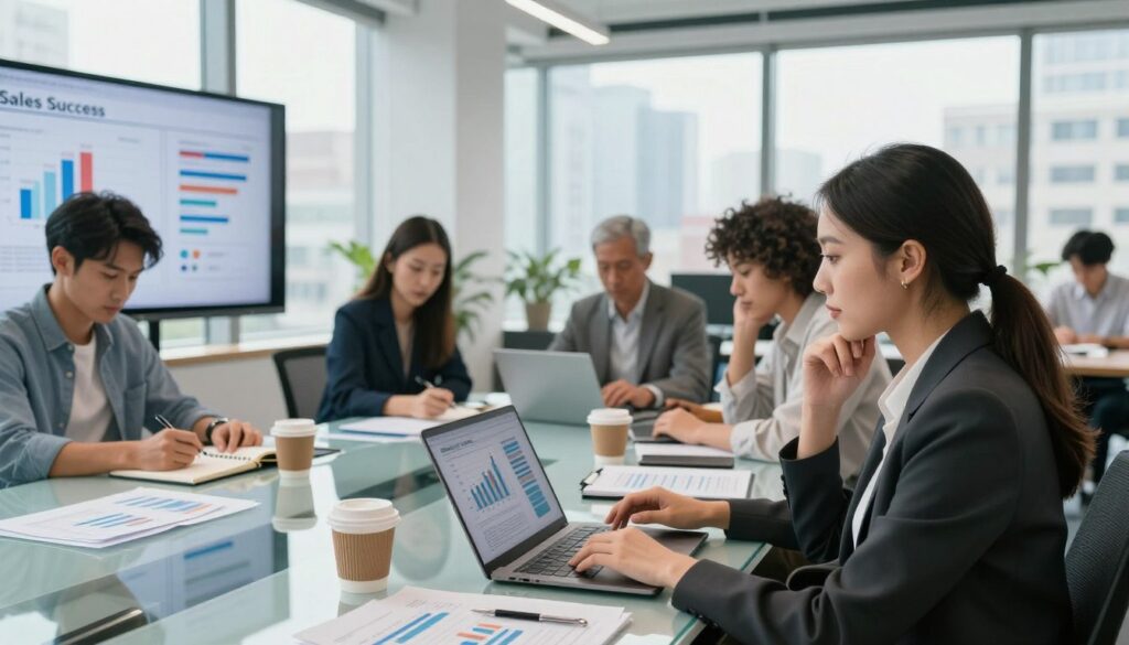 A modern office workspace featuring a diverse team analyzing sales call success metrics. In the foreground, a professional woman dressed in business attire is reviewing detailed charts and graphs on a laptop, with a thoughtful expression. To the left, a man in smart casual clothing jots down notes on a notepad, focusing on key performance indicators displayed on a large digital screen. The middle layer shows a glass conference table cluttered with spreadsheets and coffee cups, symbolizing intense brainstorming. The background reveals a bright, well-lit office environment with large windows offering a city view, creating an atmosphere of collaboration and motivation. Soft, natural light highlights the team’s engagement and a sense of productivity fills the air. A modern office workspace featuring a diverse team analyzing sales call success metrics. In the foreground, a professional woman dressed in business attire is reviewing detailed charts and graphs on a laptop, with a thoughtful expression. To the left, a man in smart casual clothing jots down notes on a notepad, focusing on key performance indicators displayed on a large digital screen. The middle layer shows a glass conference table cluttered with spreadsheets and coffee cups, symbolizing intense brainstorming. The background reveals a bright, well-lit office environment with large windows offering a city view, creating an atmosphere of collaboration and motivation. Soft, natural light highlights the team’s engagement and a sense of productivity fills the air.