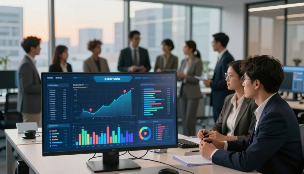 A modern, sophisticated office environment emphasizing speech analytics platforms. In the foreground, display a sleek, transparent digital dashboard showcasing colorful graphs and data visualizations representing insights from speech data analysis. The middle ground features a diverse group of professionals in business attire engaged in a discussion, emphasizing collaboration and teamwork. The background includes floor-to-ceiling windows with a view of a bustling cityscape, symbolizing a dynamic business atmosphere. Soft, warm lighting casts a welcoming glow over the scene, suggesting innovation and growth. Use a slightly elevated camera angle to capture depth and focus on both the digital display and the engaged professionals, conveying a sense of importance and relevance to the field of speech analytics.