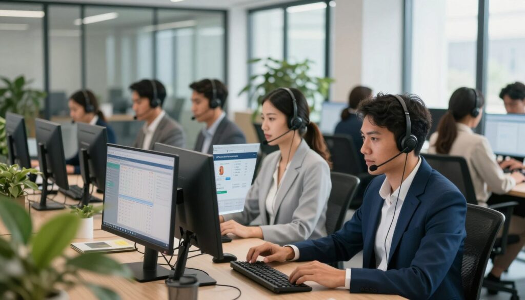 A modern, vibrant call center environment showcasing the benefits of outsourcing. In the foreground, diverse professionals in smart business attire are engaged in productive conversations with headsets on, exuding focus and teamwork. In the middle ground, several high-tech workstations with computer monitors display data analytics and customer interactions, emphasizing efficiency. The background reveals a bright, open office space with glass walls and plants, creating a welcoming atmosphere. Soft natural light streams through large windows, casting gentle shadows and enhancing the contemporary feel of the workspace. The mood is professional yet dynamic, highlighting collaboration and modern technology in the call center industry. A modern, vibrant call center environment showcasing the benefits of outsourcing. In the foreground, diverse professionals in smart business attire are engaged in productive conversations with headsets on, exuding focus and teamwork. In the middle ground, several high-tech workstations with computer monitors display data analytics and customer interactions, emphasizing efficiency. The background reveals a bright, open office space with glass walls and plants, creating a welcoming atmosphere. Soft natural light streams through large windows, casting gentle shadows and enhancing the contemporary feel of the workspace. The mood is professional yet dynamic, highlighting collaboration and modern technology in the call center industry.