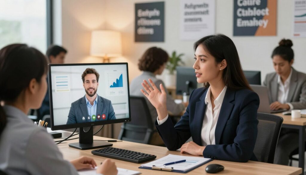 A professional business environment featuring a diverse group of individuals engaged in a sales call scenario. In the foreground, a confident sales representative, a woman in a smart blazer, is actively listening to a client on a video call, her expression attentive and engaged. In the middle ground, a computer screen displays visual cues of effective communication like graphs and charts, symbolizing tone and pace. The background features a well-lit office with modern decor, including motivational posters about effective communication. The lighting is warm and inviting, creating a positive atmosphere conducive to collaboration. The angle captures both the representative's focused demeanor and the client’s enthusiasm, illustrating the essence of mastering delivery in sales calls. A professional business environment featuring a diverse group of individuals engaged in a sales call scenario. In the foreground, a confident sales representative, a woman in a smart blazer, is actively listening to a client on a video call, her expression attentive and engaged. In the middle ground, a computer screen displays visual cues of effective communication like graphs and charts, symbolizing tone and pace. The background features a well-lit office with modern decor, including motivational posters about effective communication. The lighting is warm and inviting, creating a positive atmosphere conducive to collaboration. The angle captures both the representative's focused demeanor and the client’s enthusiasm, illustrating the essence of mastering delivery in sales calls.