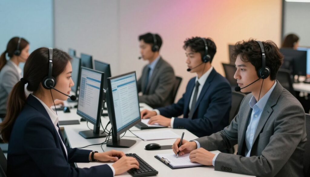 A professional call center environment showcasing essential skills for inbound and outbound agents. In the foreground, a diverse group of agents, dressed in smart business attire, engage with headsets, actively listening while taking notes. In the middle, a well-organized workspace with computer monitors displaying customer service dashboards. One agent is skillfully managing a call, while another is preparing for an outbound call, showcasing multitasking abilities. The background features a modern office layout with soft lighting, creating a focused and dynamic atmosphere. A subtle gradient of warm colors in the lighting adds a sense of productivity and professionalism. Capture the teamwork and communication skills essential for success in call centers, using a medium-focus lens to highlight both the agents and their environment. A professional call center environment showcasing essential skills for inbound and outbound agents. In the foreground, a diverse group of agents, dressed in smart business attire, engage with headsets, actively listening while taking notes. In the middle, a well-organized workspace with computer monitors displaying customer service dashboards. One agent is skillfully managing a call, while another is preparing for an outbound call, showcasing multitasking abilities. The background features a modern office layout with soft lighting, creating a focused and dynamic atmosphere. A subtle gradient of warm colors in the lighting adds a sense of productivity and professionalism. Capture the teamwork and communication skills essential for success in call centers, using a medium-focus lens to highlight both the agents and their environment.