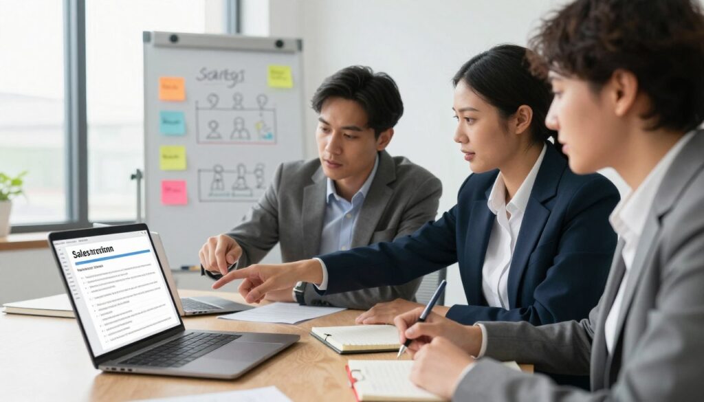 A professional-looking office environment featuring a neatly organized desk with a laptop open to a sales script template. In the foreground, a diverse group of three business professionals, dressed in smart business attire, engage in a collaborative discussion. One is pointing at the screen, while the others take notes and provide input. In the middle ground, a whiteboard with colorful post-its showcases various sales strategies and customer personas. The background reveals a bright office with large windows, natural light flooding the space, casting soft shadows. The mood is focused and dynamic, reflecting teamwork and creativity, with an emphasis on customization and strategic planning in the sales process. The composition is shot from a slightly elevated angle to capture the energy of the meeting, ideally showcasing interaction and engagement among the team. A professional-looking office environment featuring a neatly organized desk with a laptop open to a sales script template. In the foreground, a diverse group of three business professionals, dressed in smart business attire, engage in a collaborative discussion. One is pointing at the screen, while the others take notes and provide input. In the middle ground, a whiteboard with colorful post-its showcases various sales strategies and customer personas. The background reveals a bright office with large windows, natural light flooding the space, casting soft shadows. The mood is focused and dynamic, reflecting teamwork and creativity, with an emphasis on customization and strategic planning in the sales process. The composition is shot from a slightly elevated angle to capture the energy of the meeting, ideally showcasing interaction and engagement among the team.