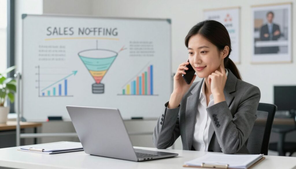 A professional sales representative sitting at a sleek, modern desk with a laptop open, engaged in a phone call. The foreground features the representative, wearing a tailored business suit, exuding confidence and friendliness. In the middle, a whiteboard displays illustrations of a sales funnel and customer satisfaction metrics, emphasizing the dual goals of revenue generation and rapport building. The background shows a well-lit, contemporary office space with motivational posters and plants, creating an inviting atmosphere. Soft, natural lighting illuminates the scene, with a slight lens blur on the background to keep the focus on the representative. The overall mood is one of professionalism, openness, and success, capturing the essence of effective communication in sales. A professional sales representative sitting at a sleek, modern desk with a laptop open, engaged in a phone call. The foreground features the representative, wearing a tailored business suit, exuding confidence and friendliness. In the middle, a whiteboard displays illustrations of a sales funnel and customer satisfaction metrics, emphasizing the dual goals of revenue generation and rapport building. The background shows a well-lit, contemporary office space with motivational posters and plants, creating an inviting atmosphere. Soft, natural lighting illuminates the scene, with a slight lens blur on the background to keep the focus on the representative. The overall mood is one of professionalism, openness, and success, capturing the essence of effective communication in sales.