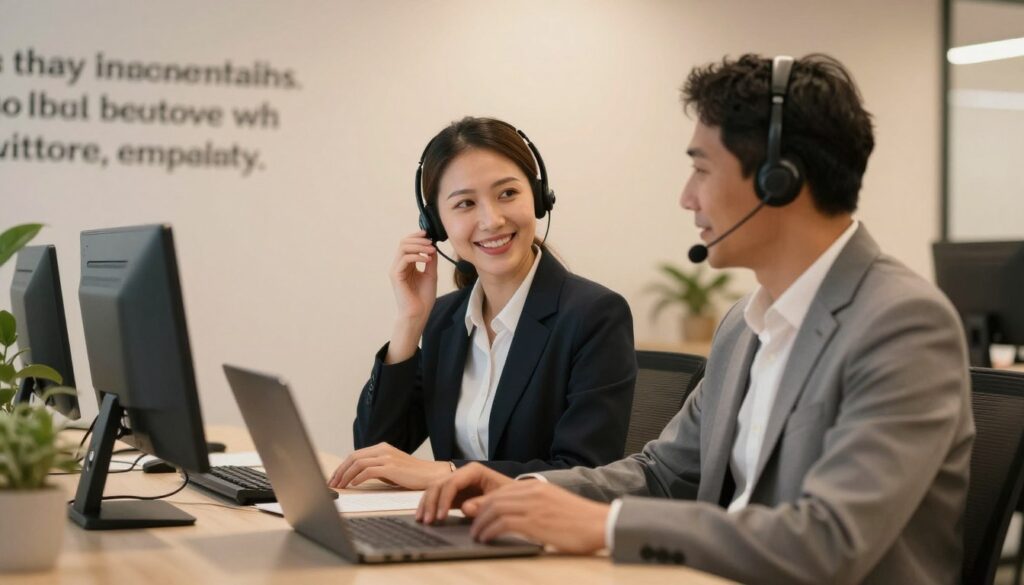 A serene customer support office scene, with a diverse group of two customer support agents and one customer engaged in a positive interaction. The agents, dressed in professional business attire, are seated at a modern desk with laptops and headsets, exuding warmth and attentiveness. The customer, a middle-aged individual, appears reassured and engaged, seated across from them. In the background, soft-focused inspirational quotes about empathy and support are subtly displayed on the walls. Warm, diffused lighting casts a calming glow over the space, creating an inviting atmosphere. The composition should be slightly angled to highlight the interaction, emphasizing a sense of connection and understanding between the parties, evoking the importance of empathy in customer support interactions.