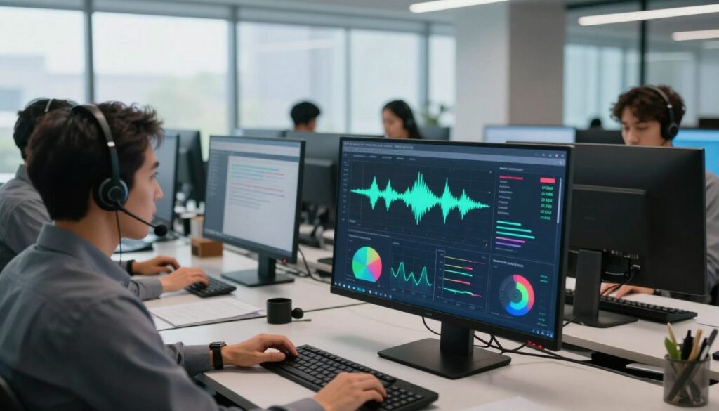 A sleek, modern interface of speech analytics software displayed on a high-resolution computer screen in a contemporary call center environment. In the foreground, a user in professional business attire is engaging with the software, analyzing real-time voice data represented by colorful waveforms and charts. The middle ground features rows of headset-wearing agents at their desks, focused on their calls, surrounded by state-of-the-art technology. In the background, large windows allow natural light to flood the space, creating a bright and productive atmosphere. The lighting is soft and ambient, exuding a sense of professionalism and efficiency. The angle is slightly elevated to showcase both the software interface and the dynamic call center environment, highlighting the seamless integration of technology in enhancing communication.