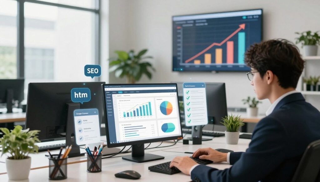 A sleek, modern office space depicting a digital workspace dedicated to on-page SEO optimization. In the foreground, a professional individual, dressed in business attire, is focused on a computer screen displaying analytical graphs and webpage layouts, symbolizing on-page elements like title tags and meta descriptions. The middle ground includes floating icons of keywords, HTML tags, and checklists representing SEO tasks. In the background, a wall displays a large digital monitor showcasing an increasing graph of website rankings, surrounded by potted plants. Bright, natural light filters through the large windows, creating an inspiring atmosphere. The overall mood is dynamic and focused, accentuating the importance of technical optimization for enhancing online visibility. A sleek, modern office space depicting a digital workspace dedicated to on-page SEO optimization. In the foreground, a professional individual, dressed in business attire, is focused on a computer screen displaying analytical graphs and webpage layouts, symbolizing on-page elements like title tags and meta descriptions. The middle ground includes floating icons of keywords, HTML tags, and checklists representing SEO tasks. In the background, a wall displays a large digital monitor showcasing an increasing graph of website rankings, surrounded by potted plants. Bright, natural light filters through the large windows, creating an inspiring atmosphere. The overall mood is dynamic and focused, accentuating the importance of technical optimization for enhancing online visibility.