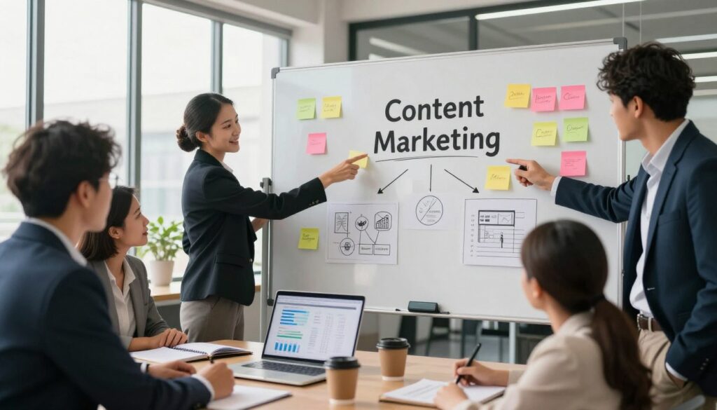 A sleek office environment with a large whiteboard at the center, covered in colorful sticky notes and diagrams representing content marketing goals. In the foreground, a diverse group of professionals in business attire collaborate, pointing at the board and discussing strategies enthusiastically. The middle layer shows a sleek laptop displaying analytics, next to coffee cups and notebooks filled with ideas. In the background, large windows allow natural light to pour in, illuminating the space with a warm, optimistic glow. The atmosphere is dynamic and focused, embodying teamwork and creativity, highlighting the connection between setting clear goals and achieving leads and sales in content marketing. A sleek office environment with a large whiteboard at the center, covered in colorful sticky notes and diagrams representing content marketing goals. In the foreground, a diverse group of professionals in business attire collaborate, pointing at the board and discussing strategies enthusiastically. The middle layer shows a sleek laptop displaying analytics, next to coffee cups and notebooks filled with ideas. In the background, large windows allow natural light to pour in, illuminating the space with a warm, optimistic glow. The atmosphere is dynamic and focused, embodying teamwork and creativity, highlighting the connection between setting clear goals and achieving leads and sales in content marketing.