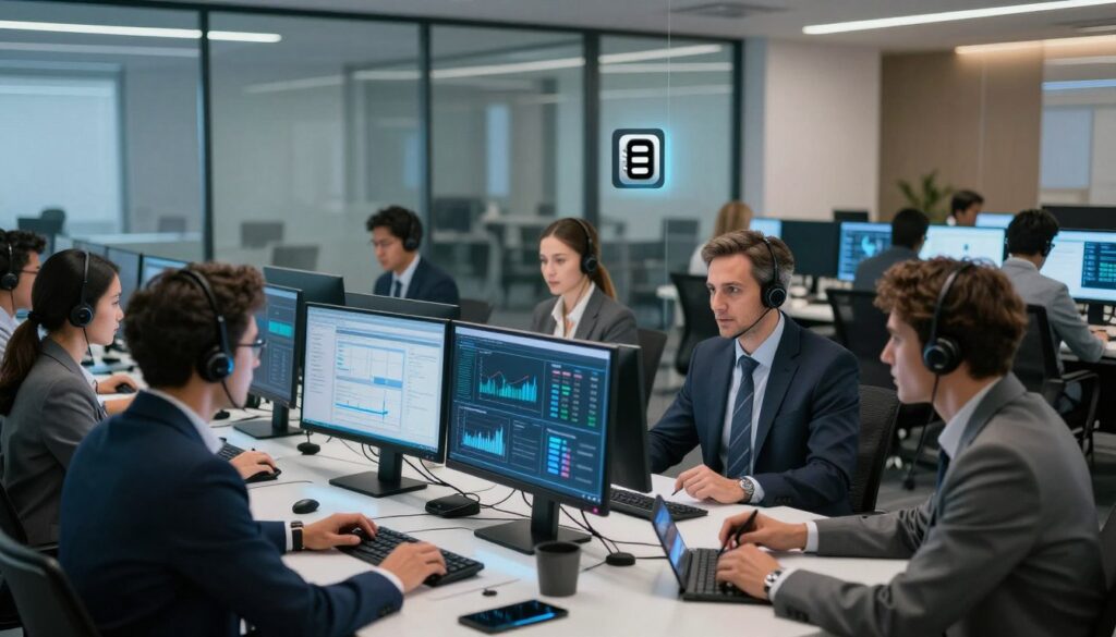 A sophisticated office environment showcasing advanced call center technology, emphasizing security and privacy. In the foreground, a diverse group of professionals in business attire are engaged in an animated discussion around a high-tech conference table, their expressions focused and determined. The middle ground features sleek computer monitors displaying graphs and security protocols, with subtle holographic interfaces radiating a soft blue light. In the background, glass walls reveal additional team members working diligently, all within a modern, secure workspace adorned with digital locks and surveillance cameras. The lighting is bright yet calming, with a blend of cool and warm tones creating a professional atmosphere. The overall mood is one of vigilance and innovation, reflecting the importance of security in an AI-driven future. A sophisticated office environment showcasing advanced call center technology, emphasizing security and privacy. In the foreground, a diverse group of professionals in business attire are engaged in an animated discussion around a high-tech conference table, their expressions focused and determined. The middle ground features sleek computer monitors displaying graphs and security protocols, with subtle holographic interfaces radiating a soft blue light. In the background, glass walls reveal additional team members working diligently, all within a modern, secure workspace adorned with digital locks and surveillance cameras. The lighting is bright yet calming, with a blend of cool and warm tones creating a professional atmosphere. The overall mood is one of vigilance and innovation, reflecting the importance of security in an AI-driven future.
