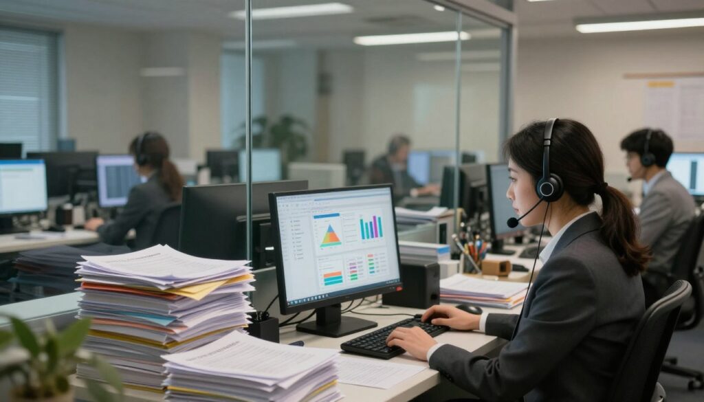 A split scene showcasing a call center environment representing the concept of "call review gap." In the foreground, a professional call center agent in business attire, sitting in front of a computer with an analytical dashboard on-screen, displaying colorful graphs and statistics. The middle layer features a large glass wall separating the agent from a room filled with stacks of unreviewed call files and documents, symbolizing the missed opportunities. In the background, dimly lit desks with other agents working, a nostalgic atmosphere illuminated by soft overhead lights. The focus is on the contrast between the engaged agent and the unused materials, conveying a sense of urgency and the importance of speech analytics. The angle is slightly tilted to emphasize the divide, enhancing the mood of potential unclaimed insights.