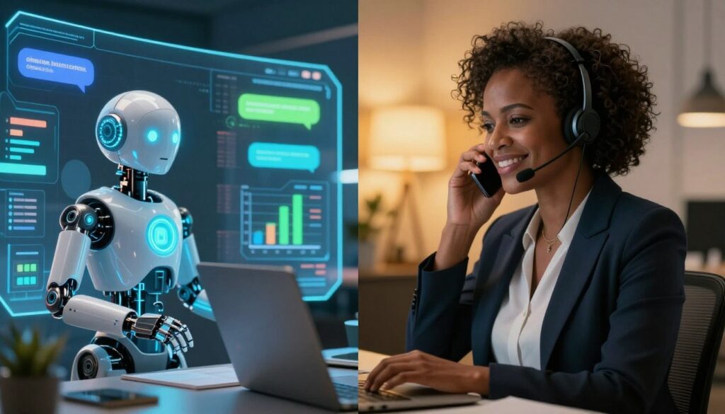 A split-screen comparison of chatbots and human agents in a customer support setting. On the left, a sleek, futuristic chatbot interface with digital screens displaying analytical graphs and data points, glowing with blue and green led lights, featuring robotic elements in a virtual workspace. On the right, a professional human agent, a middle-aged Black woman in business attire, focused and engaged on a phone call, with a warm expression and a headset in a traditional office environment. The background contrasts a tech-savvy digital landscape with vibrant colors on the left against a cozy, inviting office space with warm lighting on the right. The image captures a blend of technology and human touch, showcasing their respective strengths and weaknesses in a balanced, visually appealing manner.
