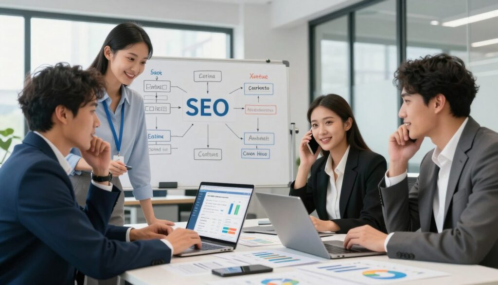 A vibrant and engaging office environment representing SEO strategy for call centers. In the foreground, a diverse group of three professionals in smart business attire collaborate around a large table covered with charts, graphs, and digital devices displaying analytics and search engine rankings. In the middle, a whiteboard filled with SEO strategies, keywords, and flowcharts. In the background, a modern office with large windows letting in soft, natural light, creating an uplifting atmosphere. The angle is slightly low, emphasizing the professionals' focused expressions and the dynamic work environment. The color palette is bright and welcoming, conveying an atmosphere of productivity and teamwork. A vibrant and engaging office environment representing SEO strategy for call centers. In the foreground, a diverse group of three professionals in smart business attire collaborate around a large table covered with charts, graphs, and digital devices displaying analytics and search engine rankings. In the middle, a whiteboard filled with SEO strategies, keywords, and flowcharts. In the background, a modern office with large windows letting in soft, natural light, creating an uplifting atmosphere. The angle is slightly low, emphasizing the professionals' focused expressions and the dynamic work environment. The color palette is bright and welcoming, conveying an atmosphere of productivity and teamwork.