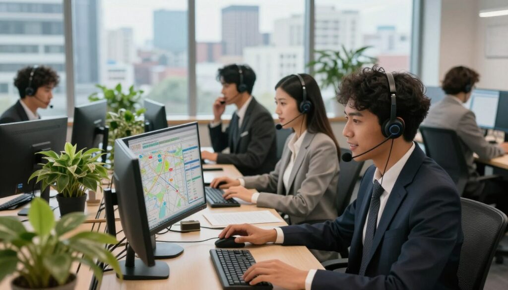 A vibrant and engaging scene depicting a modern call center environment focused on local visibility. In the foreground, a diverse group of professional agents, dressed in business attire, are actively engaged in conversations through headsets. They display expressions of concentration and enthusiasm. The middle ground features desks with dual monitors displaying maps and analytics data, highlighting local SEO metrics, surrounded by plants for a touch of greenery. In the background, large windows offer a panoramic view of a bustling cityscape, symbolizing connectivity and outreach. Soft, warm lighting fosters an inviting atmosphere, emphasizing teamwork and productivity. The camera angle is slightly elevated, capturing the dynamic energy of the call center while maintaining a clear focus on the professionals at work. A vibrant and engaging scene depicting a modern call center environment focused on local visibility. In the foreground, a diverse group of professional agents, dressed in business attire, are actively engaged in conversations through headsets. They display expressions of concentration and enthusiasm. The middle ground features desks with dual monitors displaying maps and analytics data, highlighting local SEO metrics, surrounded by plants for a touch of greenery. In the background, large windows offer a panoramic view of a bustling cityscape, symbolizing connectivity and outreach. Soft, warm lighting fosters an inviting atmosphere, emphasizing teamwork and productivity. The camera angle is slightly elevated, capturing the dynamic energy of the call center while maintaining a clear focus on the professionals at work.