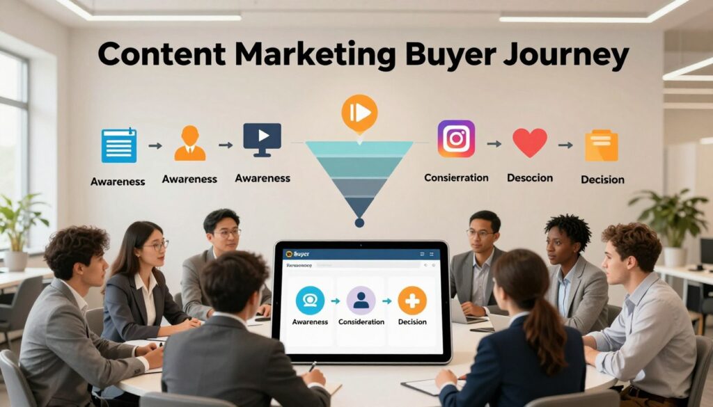 A visually engaging infographic depicting the "Content Marketing Buyer Journey." In the foreground, showcase diverse, professional individuals, dressed in business attire, engaged in discussions around a large digital tablet displaying various stages of the buyer journey, such as "Awareness," "Consideration," and "Decision." In the middle layer, illustrate icons representing content types like blogs, videos, and social media, flowing towards a funnel that captures potential clients. The background features a modern office environment with soft lighting, creating a collaborative atmosphere. Use a wide-angle perspective to enhance the depth, with a warm color palette to evoke trust and optimism, emphasizing the connection between content marketing and client acquisition throughout the journey. A visually engaging infographic depicting the "Content Marketing Buyer Journey." In the foreground, showcase diverse, professional individuals, dressed in business attire, engaged in discussions around a large digital tablet displaying various stages of the buyer journey, such as "Awareness," "Consideration," and "Decision." In the middle layer, illustrate icons representing content types like blogs, videos, and social media, flowing towards a funnel that captures potential clients. The background features a modern office environment with soft lighting, creating a collaborative atmosphere. Use a wide-angle perspective to enhance the depth, with a warm color palette to evoke trust and optimism, emphasizing the connection between content marketing and client acquisition throughout the journey.