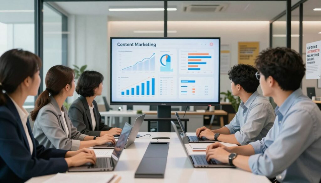 A visually engaging scene depicting content marketing in action. In the foreground, a diverse group of professionals, including a woman in a smart blazer and a man in a casual button-up shirt, are gathered around a sleek conference table covered with laptops and digital devices. Their expressions reflect focus and collaboration. In the middle ground, a large screen displays graphical content analytics, showcasing growth metrics and content ideas. Bright, soft lighting illuminates the room, creating a welcoming yet dynamic atmosphere. The background features a modern office space with glass walls and motivational posters related to marketing, emphasizing creativity and collaboration. The overall mood is energetic and inspiring, capturing the essence of how content marketing helps attract clients. A visually engaging scene depicting content marketing in action. In the foreground, a diverse group of professionals, including a woman in a smart blazer and a man in a casual button-up shirt, are gathered around a sleek conference table covered with laptops and digital devices. Their expressions reflect focus and collaboration. In the middle ground, a large screen displays graphical content analytics, showcasing growth metrics and content ideas. Bright, soft lighting illuminates the room, creating a welcoming yet dynamic atmosphere. The background features a modern office space with glass walls and motivational posters related to marketing, emphasizing creativity and collaboration. The overall mood is energetic and inspiring, capturing the essence of how content marketing helps attract clients.