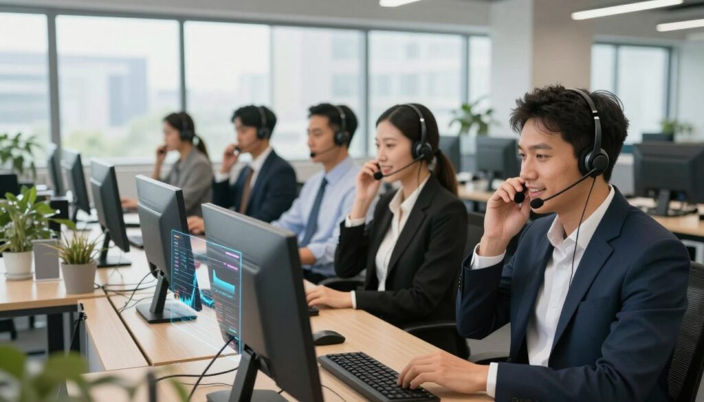 A vivid illustration comparing inbound and outbound call centers, set in a modern office environment. In the foreground, on the left, a diverse group of professionals in business attire engaged in inbound calls, focused and attentive, their headsets on. Graphical charts and call metrics are subtly overlaid on their desks. In the middle, an equally diverse group of employees in business attire making outbound calls, showcasing confidence and energy, with a dynamic atmosphere. The background should depict a bright, open-plan office with large windows letting in natural light, creating an inviting and professional mood. Use a wide-angle perspective to capture both teams in action, emphasizing their distinct roles while maintaining a harmonious workspace. The overall tone should be informative and optimistic, highlighting teamwork and productivity. A vivid illustration comparing inbound and outbound call centers, set in a modern office environment. In the foreground, on the left, a diverse group of professionals in business attire engaged in inbound calls, focused and attentive, their headsets on. Graphical charts and call metrics are subtly overlaid on their desks. In the middle, an equally diverse group of employees in business attire making outbound calls, showcasing confidence and energy, with a dynamic atmosphere. The background should depict a bright, open-plan office with large windows letting in natural light, creating an inviting and professional mood. Use a wide-angle perspective to capture both teams in action, emphasizing their distinct roles while maintaining a harmonious workspace. The overall tone should be informative and optimistic, highlighting teamwork and productivity.