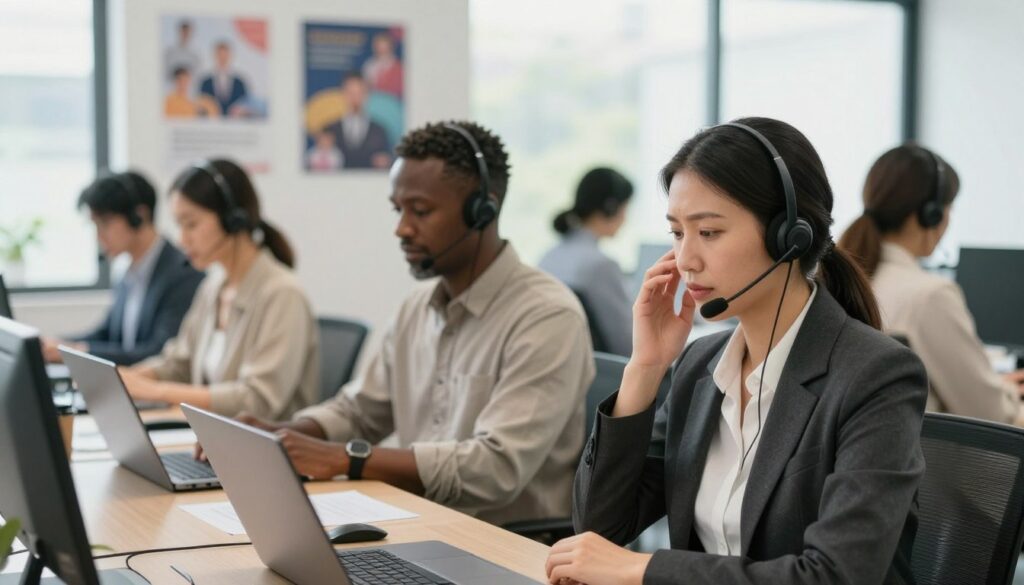 A well-lit, professional office environment serves as the backdrop, with a soft focus on a diverse group of human support agents engaged in problem-solving. In the foreground, a mid-30s Asian woman in business attire is attentively listening to a customer on her headset, her expression radiating empathy and understanding. Beside her, a middle-aged Black man in modest casual clothing is typing on a laptop, showcasing collaboration. In the background, a bright, airy room features motivational posters and a large window letting in natural light. The atmosphere conveys a sense of warmth and professionalism, highlighting the irreplaceable human touch in customer support. Shot with a wide-angle lens to capture the entire scene, emphasizing connection and teamwork among agents.
