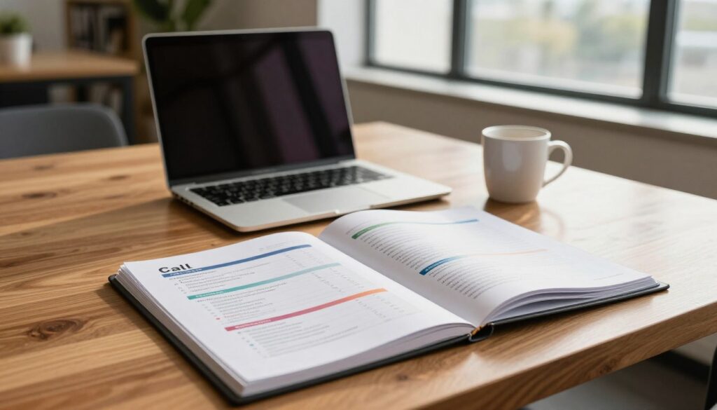 A well-organized library with neatly arranged call script templates on a polished wooden table. In the foreground, an open binder displaying colorful, easy-to-read templates with clear headings. In the middle, a modern laptop is partially in view, suggesting productivity, with a coffee mug beside it. The background features a stylish office setting with a large window allowing natural light to pour in, casting soft shadows. A hint of greenery from a potted plant adds freshness. The atmosphere is one of professionalism and efficiency, evoking a sense of trust and success in sales practices. The overall lighting is warm and inviting, capturing a busy yet organized workspace. The focus is on the call scripts and professional tools of communication without any text or distractions. A well-organized library with neatly arranged call script templates on a polished wooden table. In the foreground, an open binder displaying colorful, easy-to-read templates with clear headings. In the middle, a modern laptop is partially in view, suggesting productivity, with a coffee mug beside it. The background features a stylish office setting with a large window allowing natural light to pour in, casting soft shadows. A hint of greenery from a potted plant adds freshness. The atmosphere is one of professionalism and efficiency, evoking a sense of trust and success in sales practices. The overall lighting is warm and inviting, capturing a busy yet organized workspace. The focus is on the call scripts and professional tools of communication without any text or distractions.