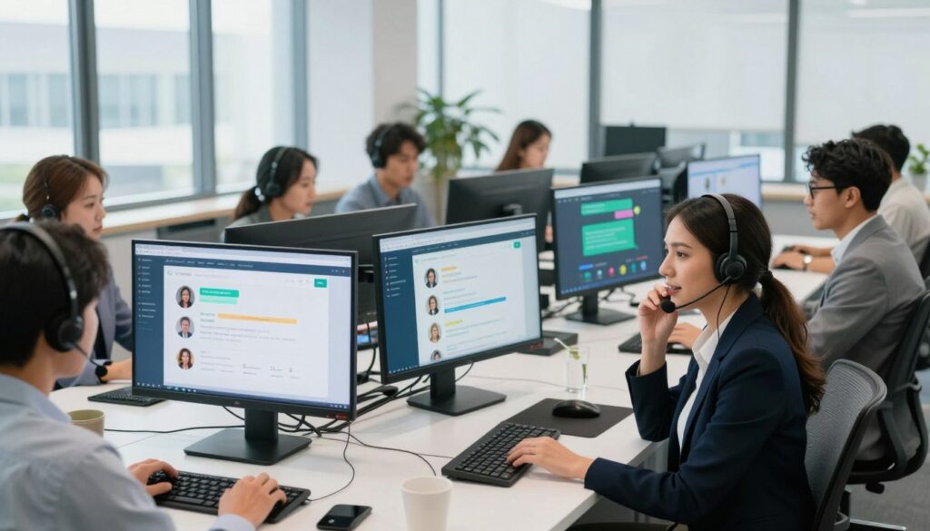 An array of diverse professionals engaged in an omnichannel communication setting, surrounded by multiple screens showcasing various communication platforms such as chat, email, and social media. In the foreground, a well-dressed woman with a headset speaks into a microphone, exuding confidence. The middle ground features colleagues discussing strategies at a modern conference table filled with digital devices. The background displays a sleek office environment with large windows that allow natural light to flood the room, creating a vibrant and inclusive atmosphere. The overall mood is dynamic and collaborative, emphasizing modern technology and customer service excellence, shot with a wide-angle lens to capture the full depth of the scene. An array of diverse professionals engaged in an omnichannel communication setting, surrounded by multiple screens showcasing various communication platforms such as chat, email, and social media. In the foreground, a well-dressed woman with a headset speaks into a microphone, exuding confidence. The middle ground features colleagues discussing strategies at a modern conference table filled with digital devices. The background displays a sleek office environment with large windows that allow natural light to flood the room, creating a vibrant and inclusive atmosphere. The overall mood is dynamic and collaborative, emphasizing modern technology and customer service excellence, shot with a wide-angle lens to capture the full depth of the scene.