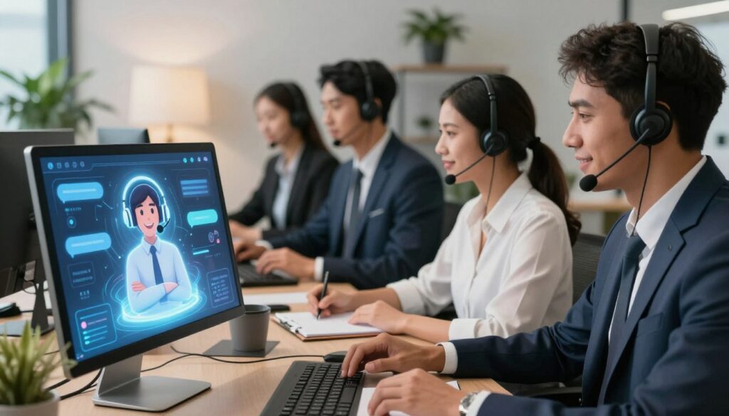 An engaging scene depicting the concept of AI in customer support. In the foreground, a sleek, futuristic chatbot interface is shown on a computer screen, displaying a friendly virtual assistant with a glowing aura. In the middle, a diverse group of professional business agents are interacting with the chatbot, some taking notes, while others engage with customers via headsets. The background features an office environment with soft, ambient lighting creating a positive atmosphere, highlighted by potted plants and modern decor. The camera angle is slightly tilted, giving a dynamic feel to the space. The mood is busy yet collaborative, emphasizing innovation and teamwork in customer service.