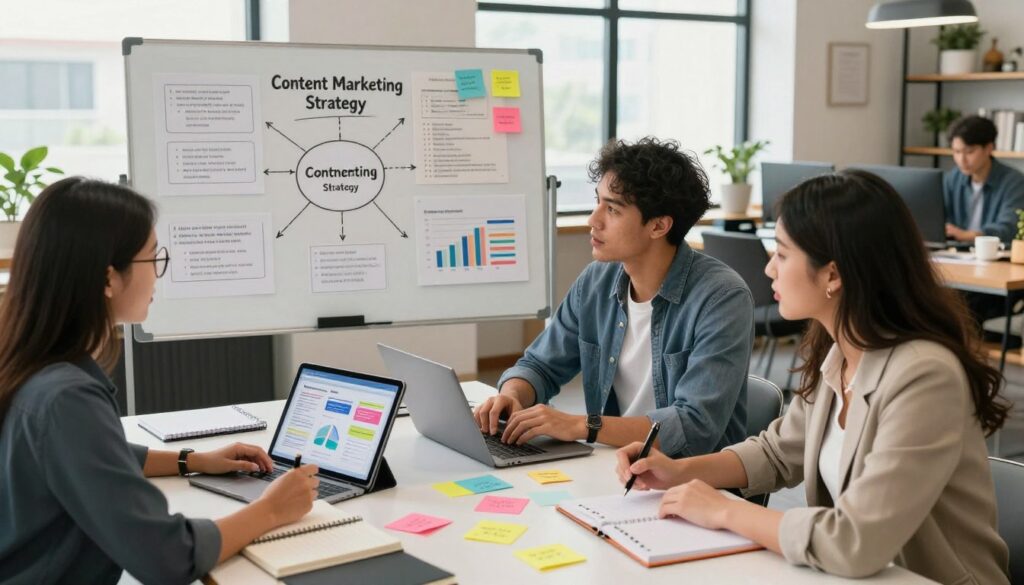 An organized workspace showcasing a content marketing strategy in action. In the foreground, a diverse group of three professionals (one woman with glasses, a man with a laptop, and a woman in a casual blazer) are discussing ideas over a table with notebooks, a digital tablet displaying a strategy plan, and colorful sticky notes. In the middle, a large whiteboard filled with mind maps, content ideas, and charts detailing audience engagement metrics. In the background, a cozy, modern office with soft natural lighting coming through large windows, creating an inviting atmosphere. The overall mood is collaborative and focused, emphasizing creativity and strategic planning in content marketing. The image should be captured from a slight high angle to provide a comprehensive view of the workspace. An organized workspace showcasing a content marketing strategy in action. In the foreground, a diverse group of three professionals (one woman with glasses, a man with a laptop, and a woman in a casual blazer) are discussing ideas over a table with notebooks, a digital tablet displaying a strategy plan, and colorful sticky notes. In the middle, a large whiteboard filled with mind maps, content ideas, and charts detailing audience engagement metrics. In the background, a cozy, modern office with soft natural lighting coming through large windows, creating an inviting atmosphere. The overall mood is collaborative and focused, emphasizing creativity and strategic planning in content marketing. The image should be captured from a slight high angle to provide a comprehensive view of the workspace.