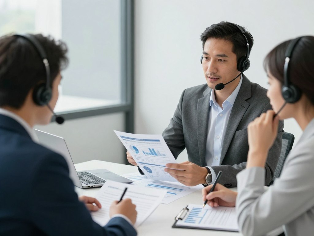 Business consultant providing call center strategy assessment to client Business consultant providing call center strategy assessment to client