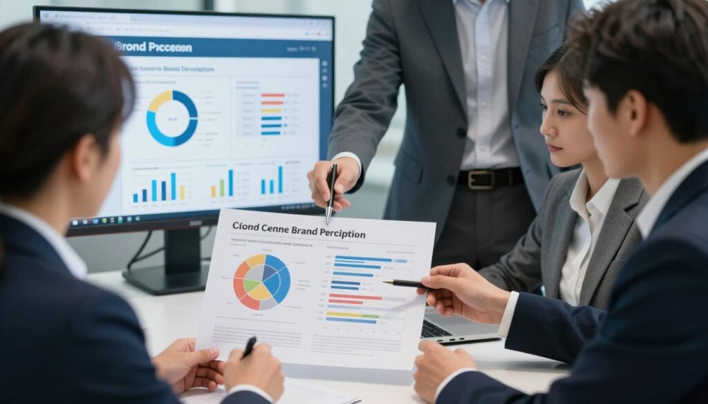 Business professionals discussing brand perception related to call center services Business professionals discussing brand perception related to call center services