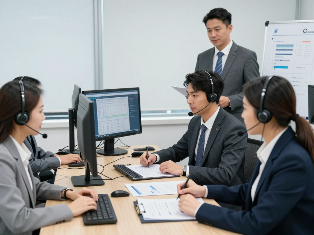 Business team implementing successful call center strategy with training and technology Business team implementing successful call center strategy with training and technology