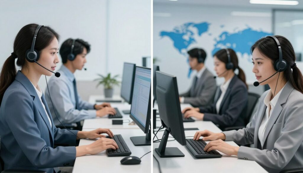 Comparison of local and global call center operations showing domestic and international support teams
