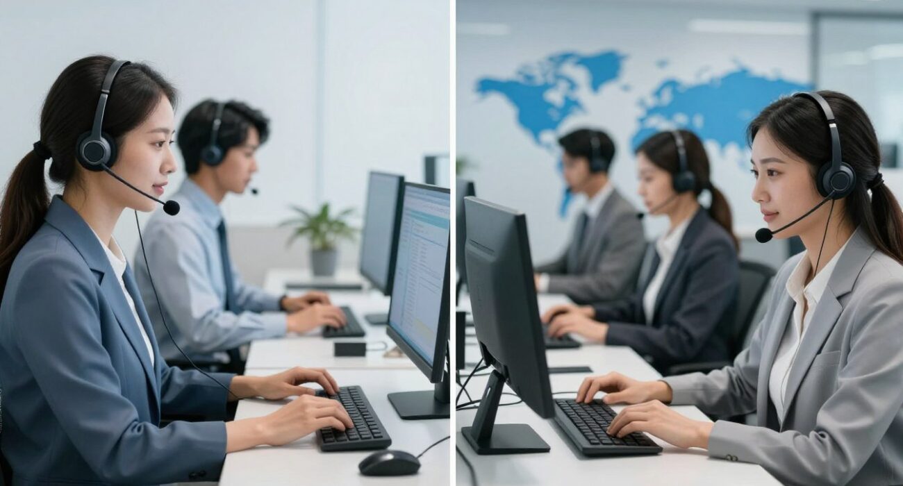 Comparison of local and global call center operations showing domestic and international support teams