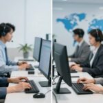 Comparison of local and global call center operations showing domestic and international support teams