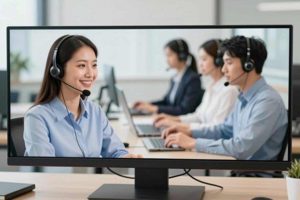 Customer service agents communicating with clients showing quality interaction Customer service agents communicating with clients showing quality interaction